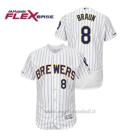 Maglia Baseball Uomo Milwaukee Brewers Ryan Braun 150th Aniversario Patch Autentico Flex Base Bianco Blu